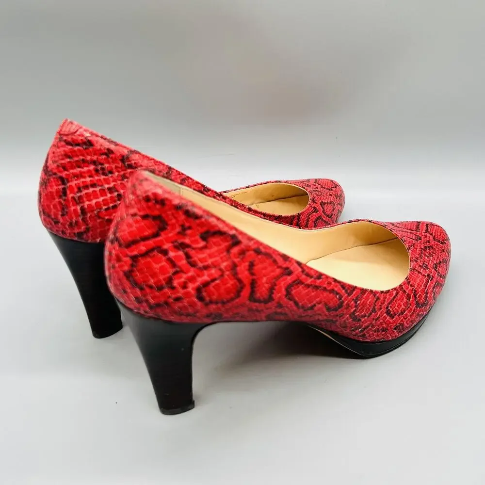 Cole Haan Shoes Women 9 Red Leather Snake Print Cone Heel Pump Round Toe Slip On
